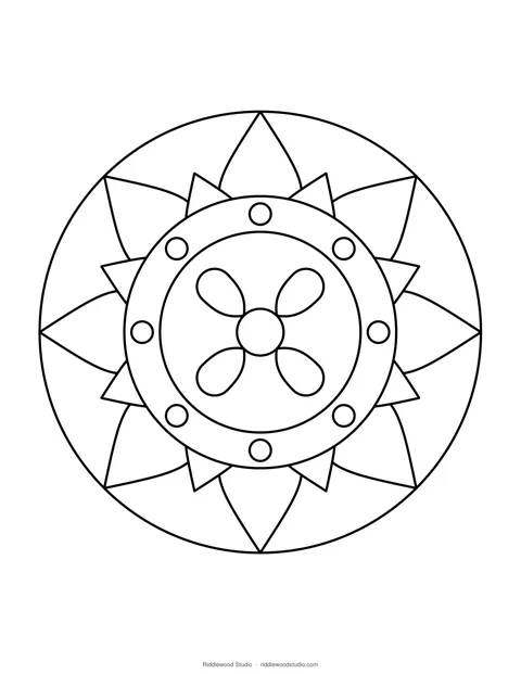 Black and white mandala coloring page with large petals inside a circle