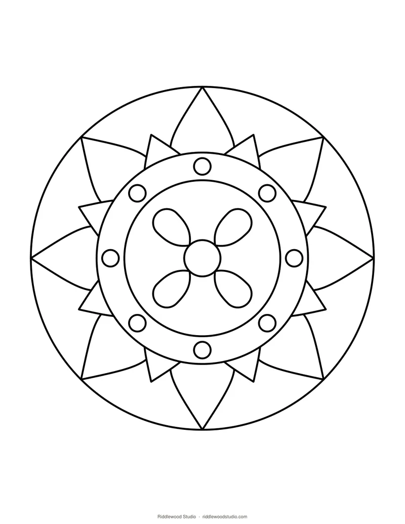 Black and white mandala coloring page with large petals inside a circle