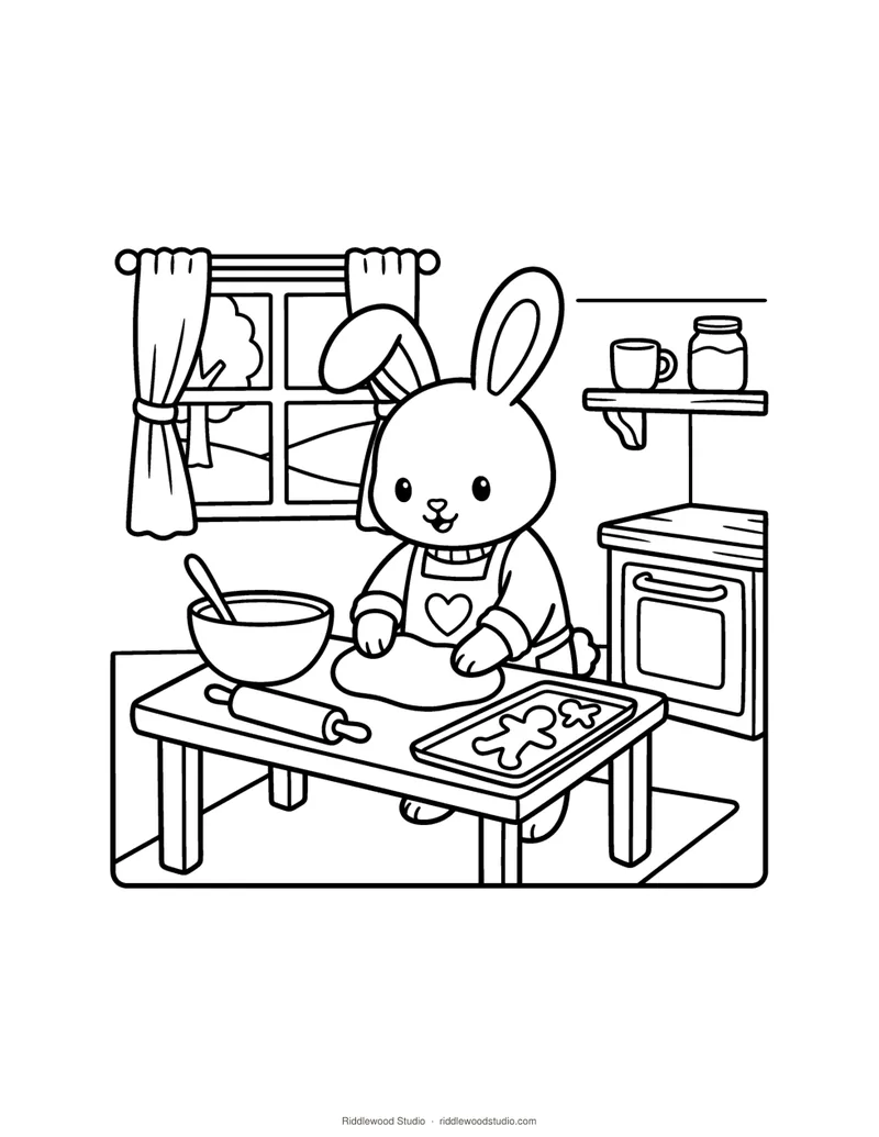 Black and white coloring page of a bunny in an apron baking gingerbread cookies in a kitchen