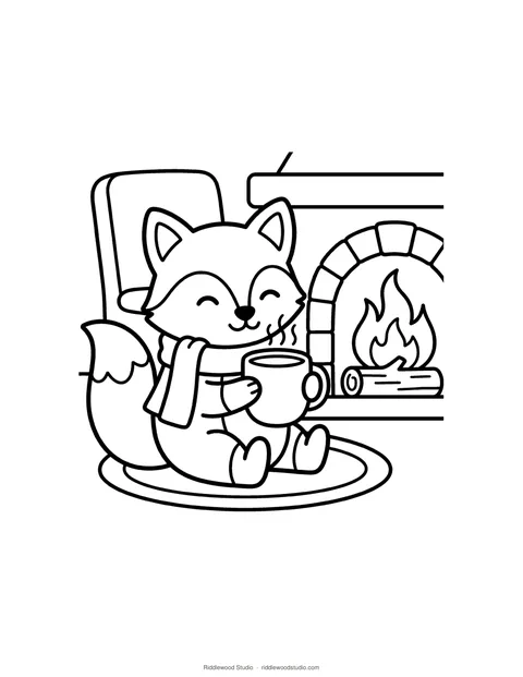 Black and white coloring page of a fox in a scarf holding a mug by a fireplace