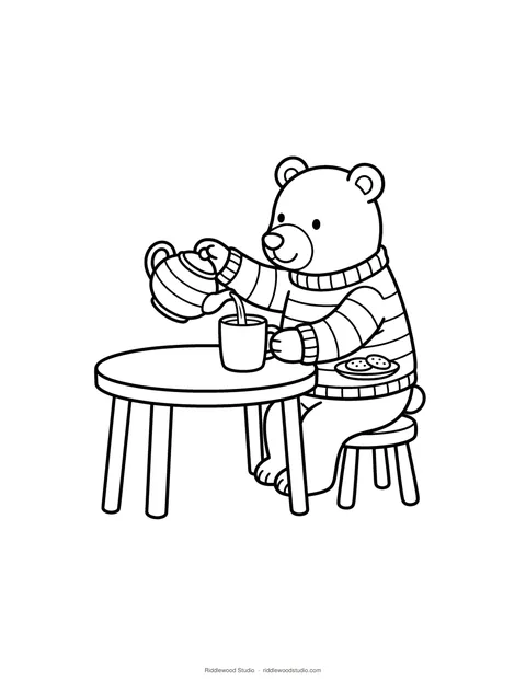 Black and white coloring page of a bear in a sweater pouring tea at a small table