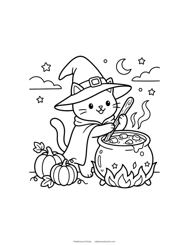Black and white coloring page of a cat in a witch hat stirring a cauldron beside pumpkins