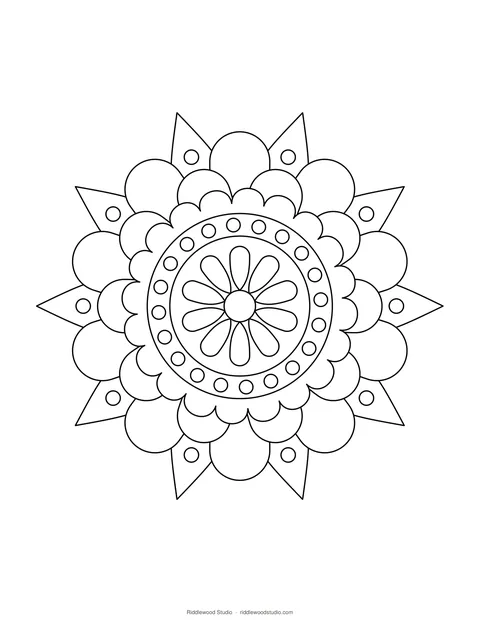 Black and white mandala coloring page with layered petals, rings and small dots