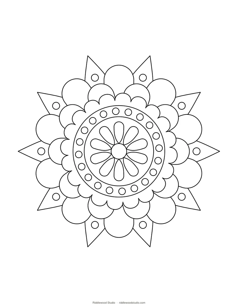 Black and white mandala coloring page with layered petals, rings and small dots