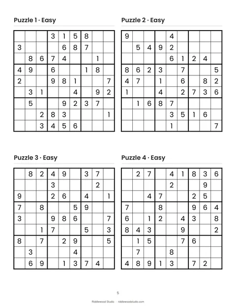 Large-print sudoku page with four easy puzzles on a white page