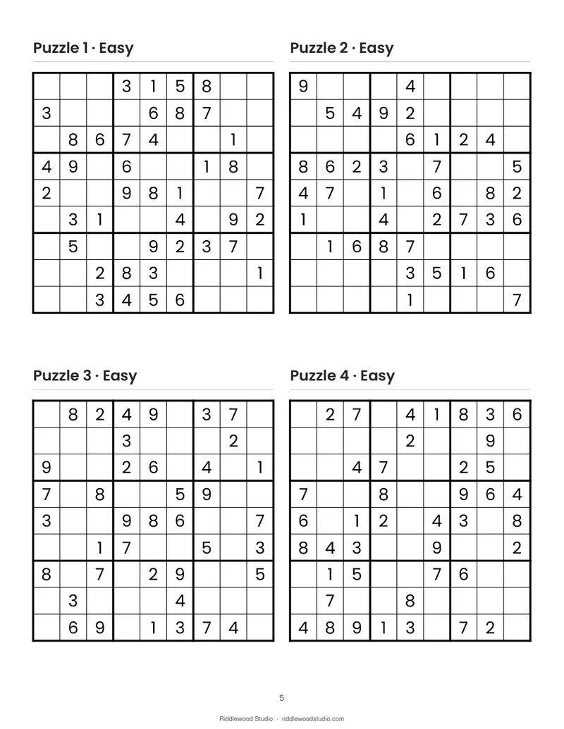 Large-print sudoku page with four easy puzzles on a white page
