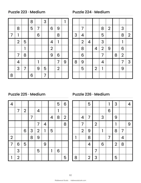 Large-print sudoku page with four medium puzzles on a white page