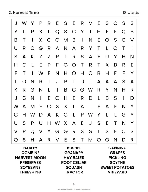 Large-print word search puzzle titled Harvest Time with a 15 by 15 letter grid and 18 words to find