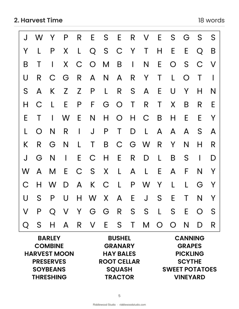 Large-print word search puzzle titled Harvest Time with a 15 by 15 letter grid and 18 words to find