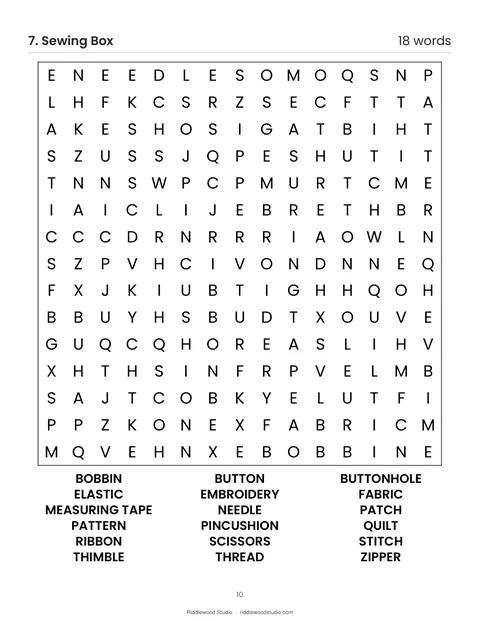 Large-print word search puzzle titled Sewing Box with a 15 by 15 letter grid and 18 words to find