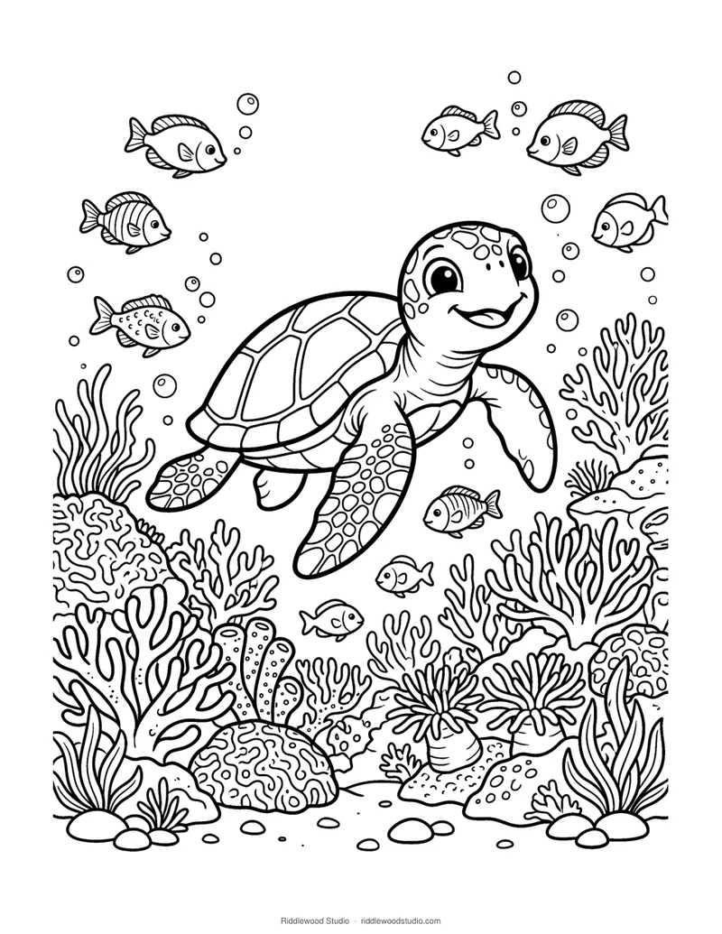Black and white coloring page of a sea turtle swimming over a coral reef with fish