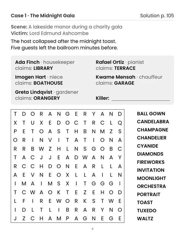 A sample page from inside Whodunit Word Search