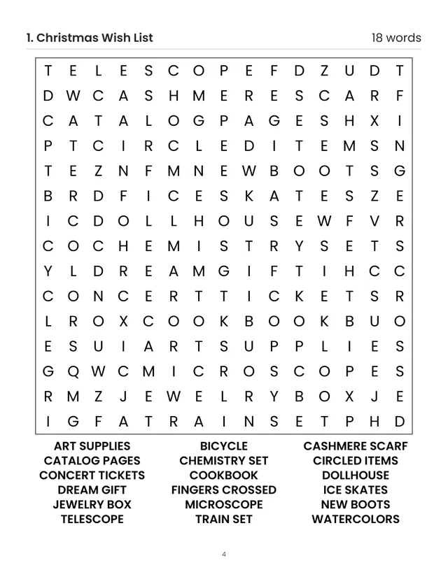A sample page from inside Cozy Christmas Word Search for Adults